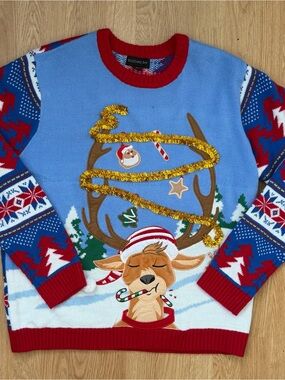 Blizzard Bay Ugly Christmas Sweater XL Reindeer Tinsel Antlers Holiday